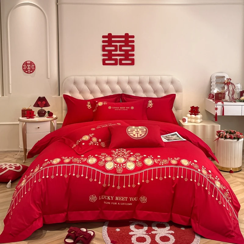 全棉婚庆四件套100%全棉被套四件套结婚用床上用品纯棉套件床单款