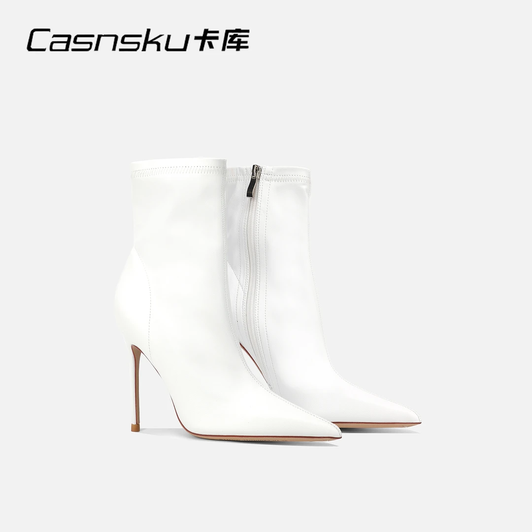 CASNSKU卡库 法式哑光白色尖头侧拉链高跟瘦瘦小踝靴秋冬季高级感