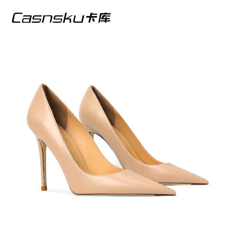 Casnsku/卡库裸色尖头高跟鞋女细跟小羊皮气质简约单鞋女通勤百搭