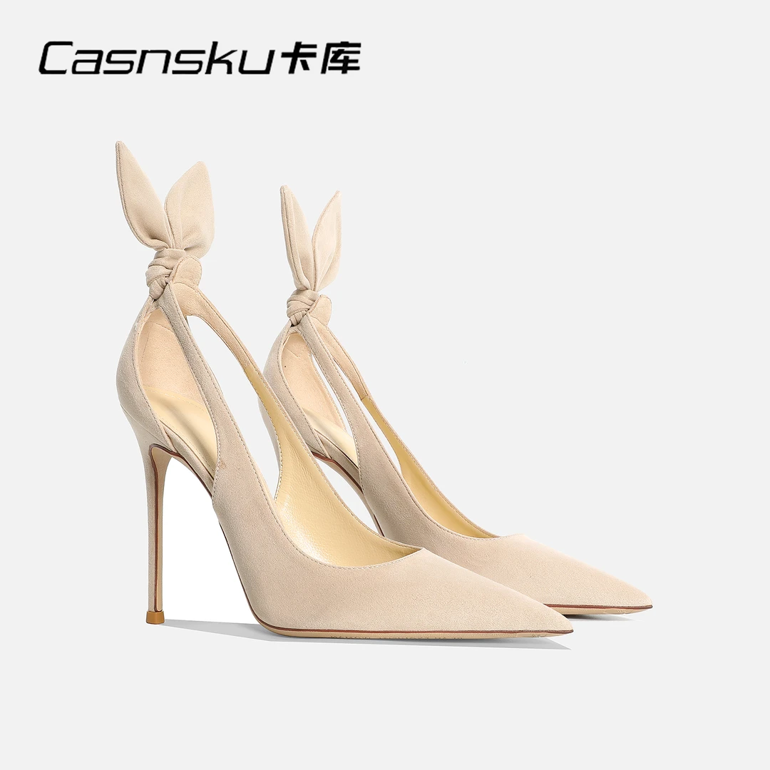 CASNSKU/卡库尖头裸色兔耳朵高跟鞋性感气质绒面女细跟不累脚单鞋