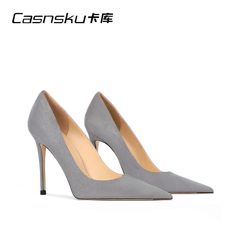 CASNSKU卡库2023年夏季新款时尚尖头细跟灰色绒面尖头气质高跟鞋