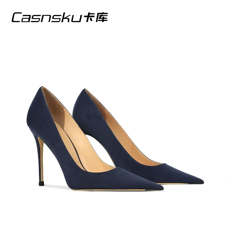 CASNSKU卡库深蓝色气质时尚优雅高跟鞋女细跟尖头百搭绒面单鞋
