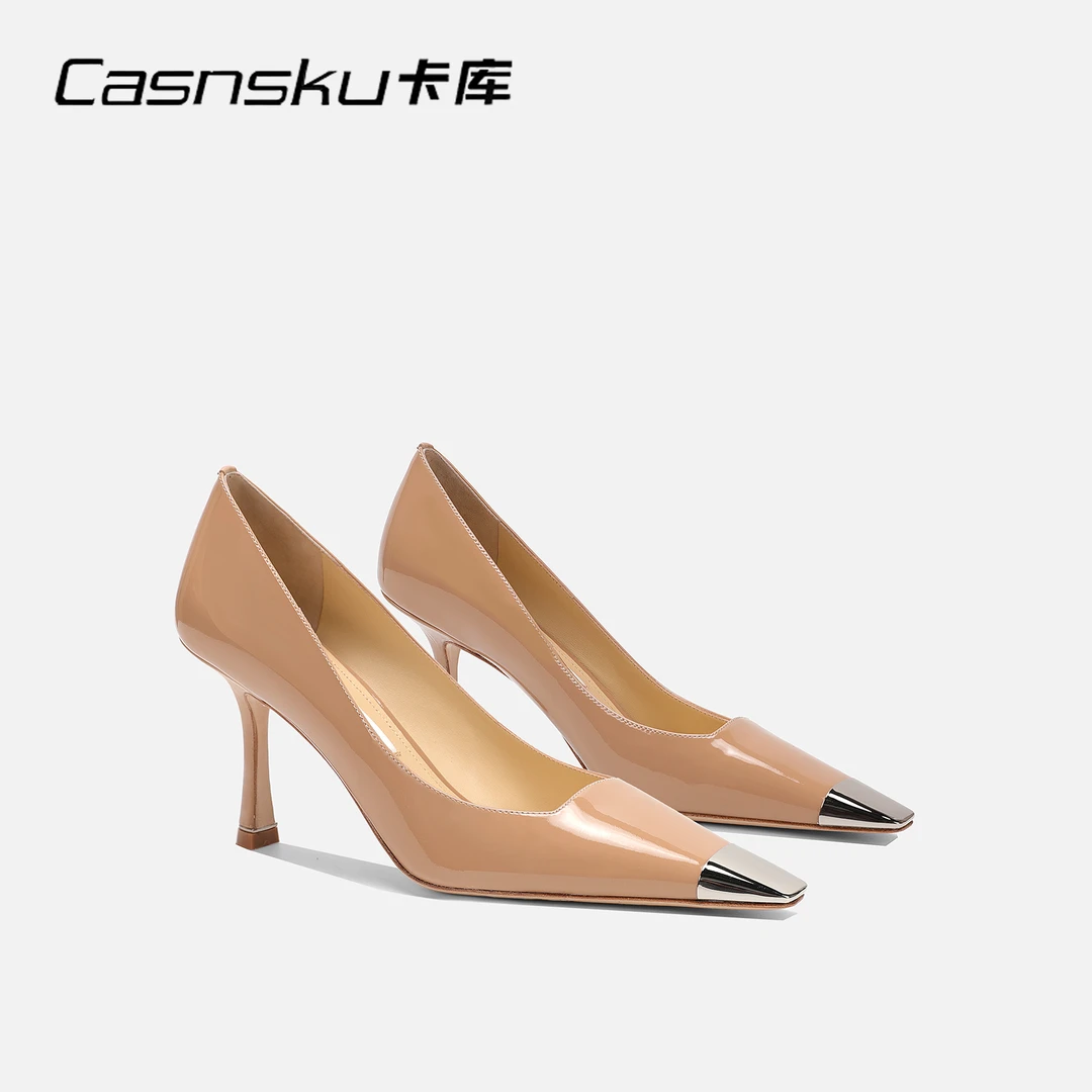 Casnsku卡库简约时尚高跟鞋裸色牛漆皮金属方头气质名媛真皮单鞋