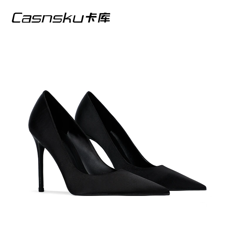 Casnsku/卡库黑色绸缎高跟鞋女秋冬气质职业单鞋尖头细跟2024新款