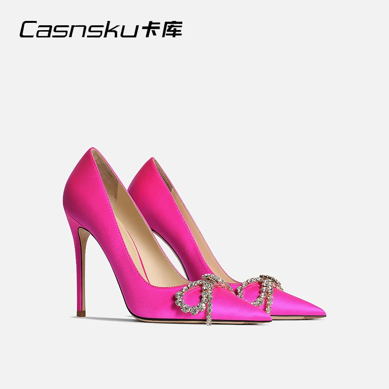 Casnsku卡库玫红色时尚高跟鞋女细跟尖头水钻蝴蝶结浅口单鞋女
