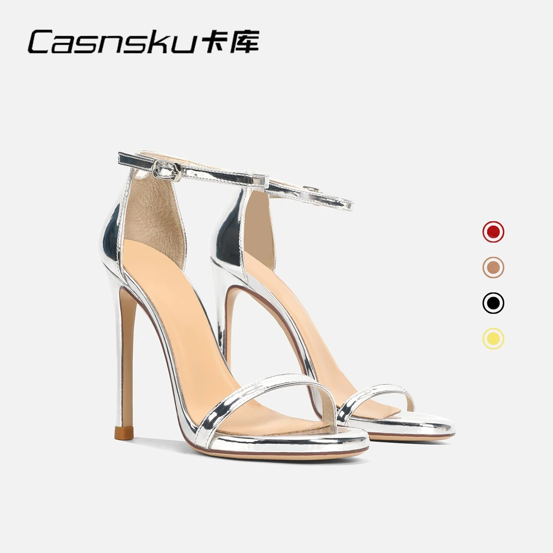 CASNSKU/卡库银色漆皮一字带高跟鞋细跟露趾凉鞋女2025年新款夏季