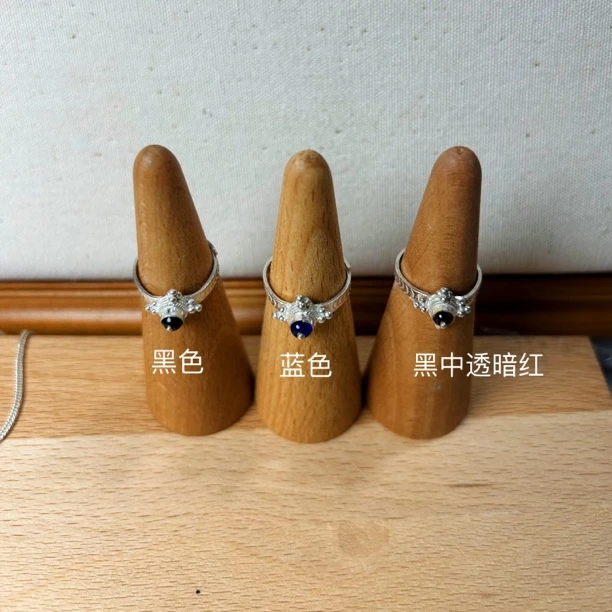 足银仿水晶戒指 彝族手工制作迷你版带珠990足银戒指