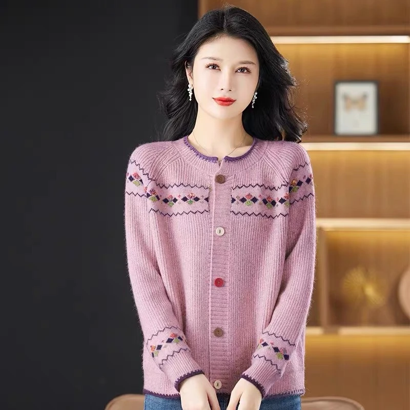 2024秋冬新款外贸圆领花纱针织开衫女毛衣外套短款羊毛衫外搭