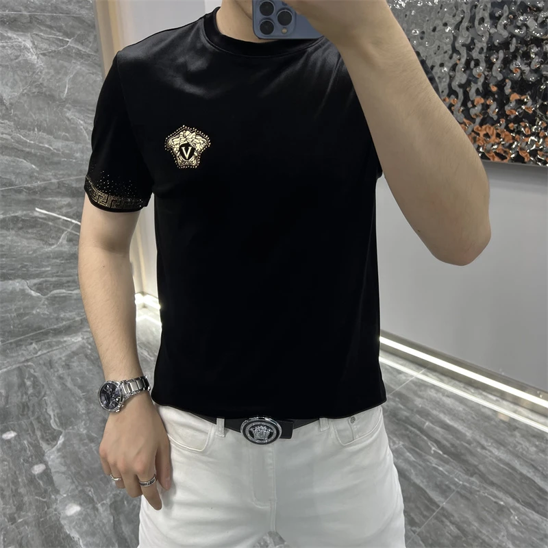 男士短袖T恤秋冬新款高档金丝绒圆领半袖时尚休闲百搭修身打底衫
