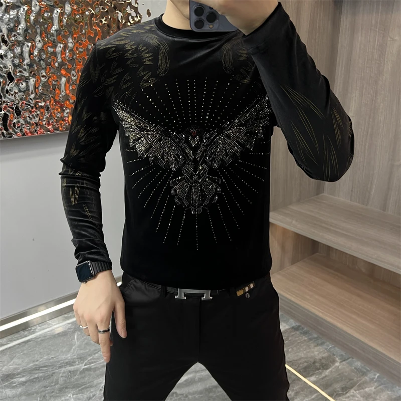 长袖T恤男秋冬季新款高档金丝绒烫钻圆领打底衫时尚轻奢休闲上衣