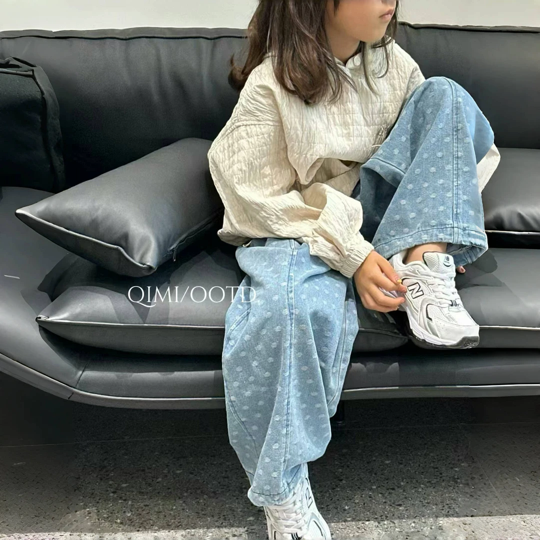 中大童女童卫衣2024年秋季休闲韩版连帽卫衣白色波点宽松牛仔裤