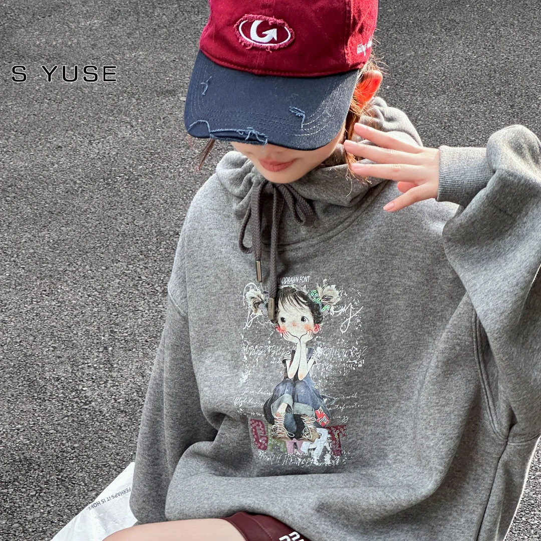 中大童女童卫衣2024休闲连帽宽松加绒韩版卡通小女孩印花卫衣6162