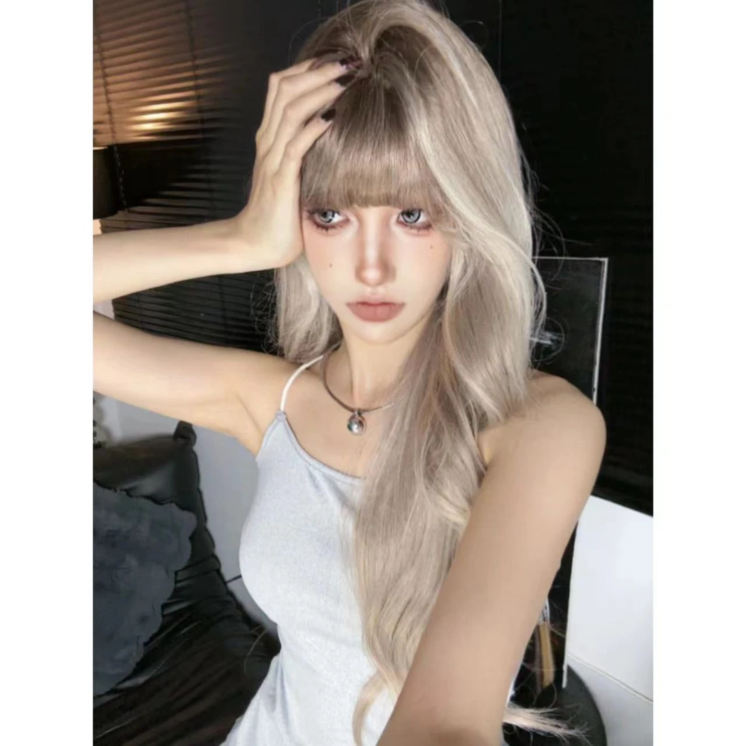 麻辣周末-【水墨奶灰】假发挑染渐变齐刘海长卷发美式辣妹氛围65CM