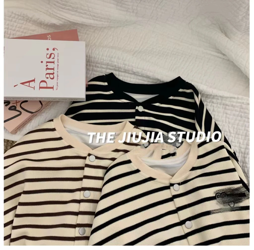 条纹小开衫新款半拉链小V领侧边口袋时尚休闲开衫JJ