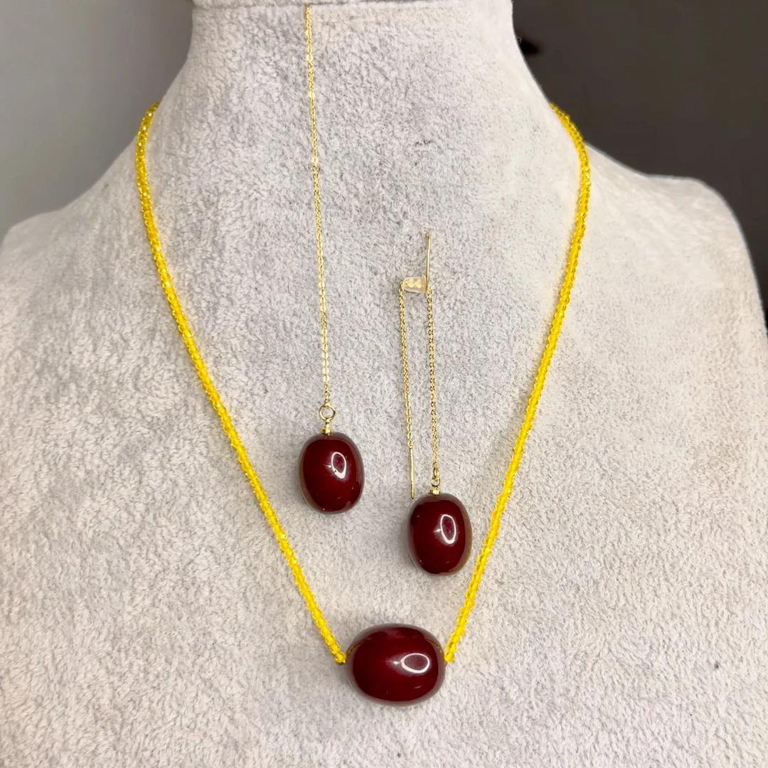 钛钢锆石耳饰 钛钢树脂耳饰复古酒红色珠珠耳线女秋冬长款气耳环