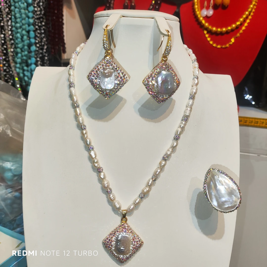 黄铜仿珍珠耳饰 合金项链巴洛克风格戒指耳环套装高保色轻奢气质