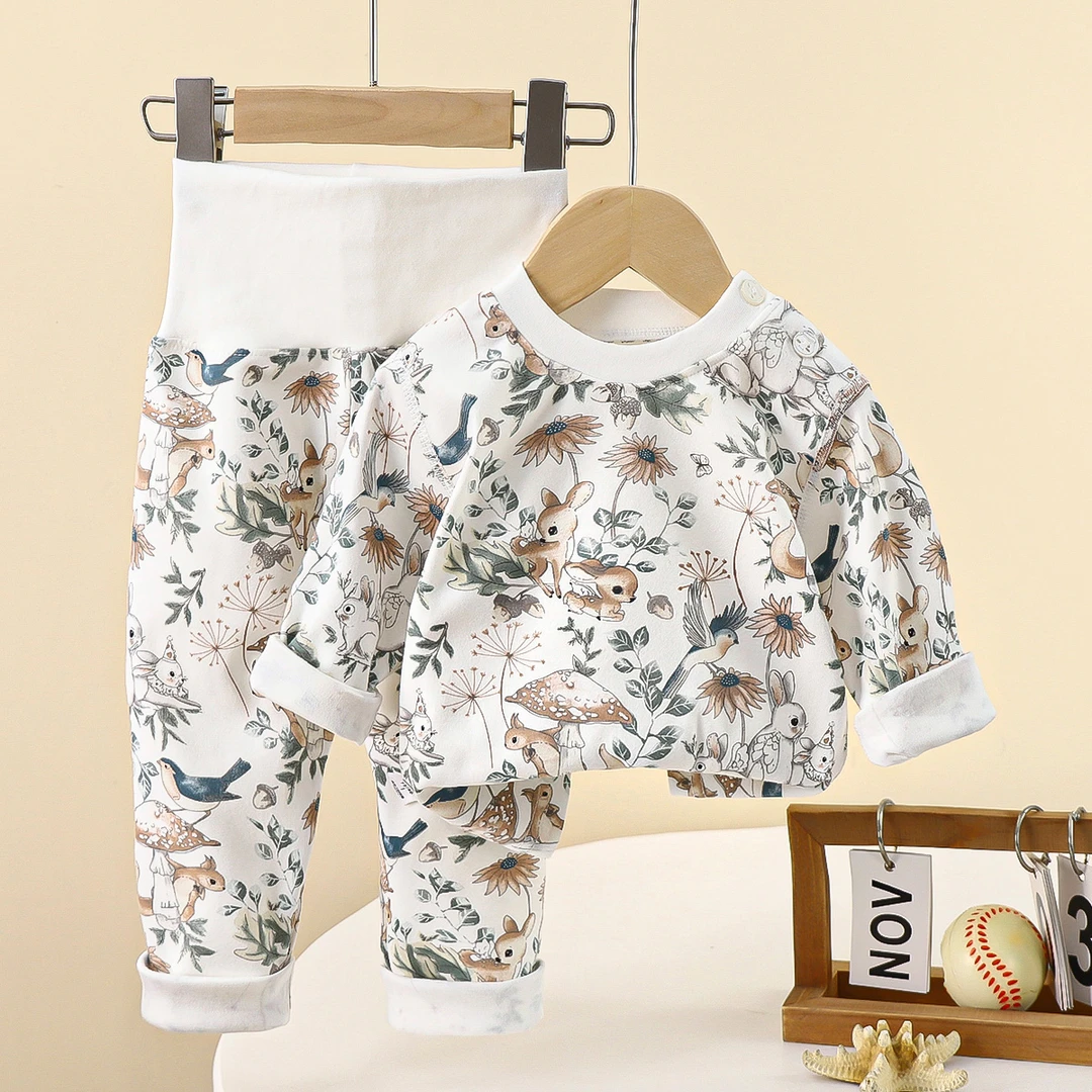 宝宝秋衣秋裤套装纯棉无骨婴幼儿高腰护肚裤秋冬儿童家居服睡衣