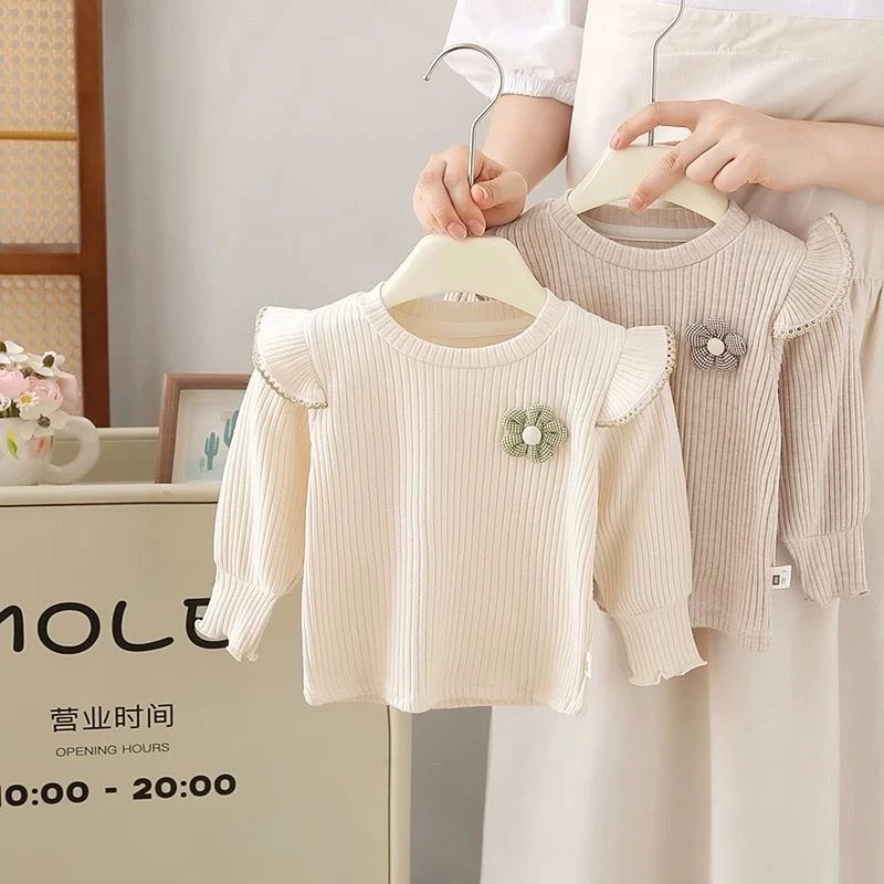 女童长袖T恤洋气秋装新款女宝宝针织打底衫婴儿打底衫外穿百搭3岁