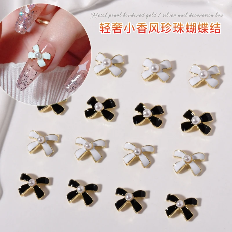 新款网红美甲合金饰品滴油珍珠蝴蝶结日系小香风黑白法式指甲装饰