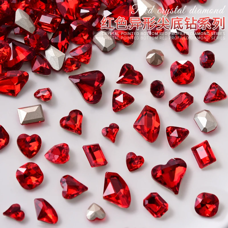 新年中国红美甲饰品水晶大钻歪桃心肥方爱心斧头尖底玻璃指甲配饰