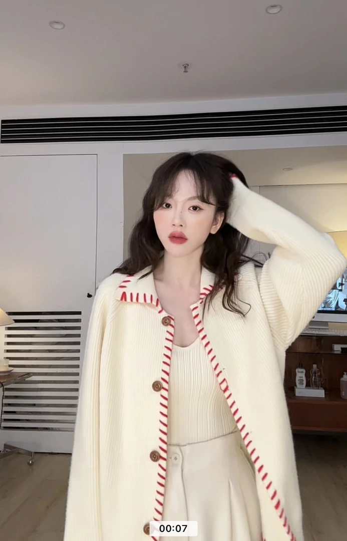 {月光手书}手工勾线气质设计感撞色开衫毛衣秋季韩系慵懒风宽松外