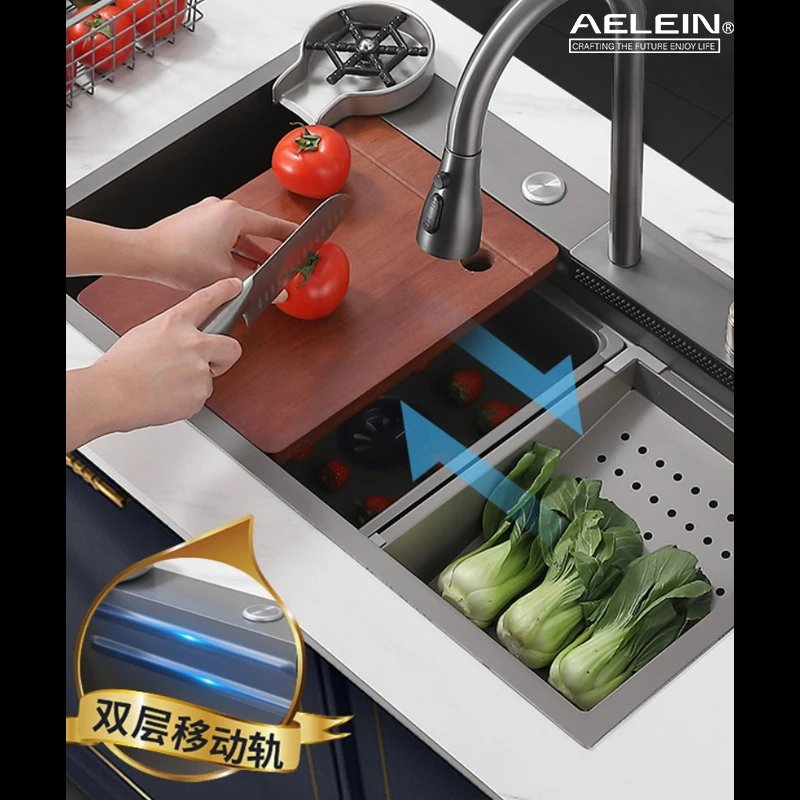 AELEIN/雅列飞雨水槽不锈钢水槽纳米大单槽套装瀑布水槽680*450MM