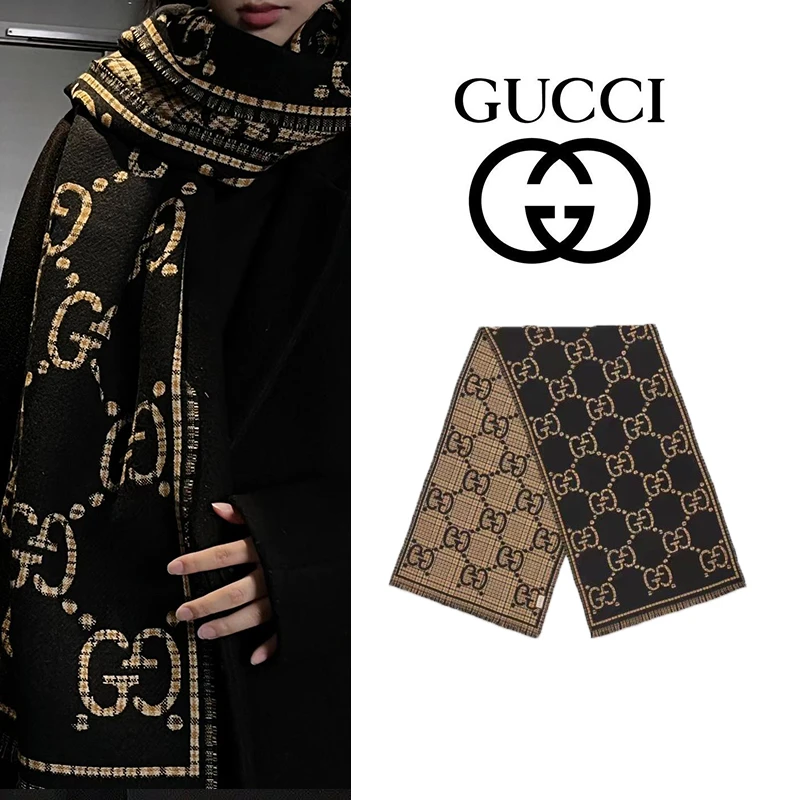 GUCCI/古驰 黑色 羊毛经典格纹GG满印双面围巾