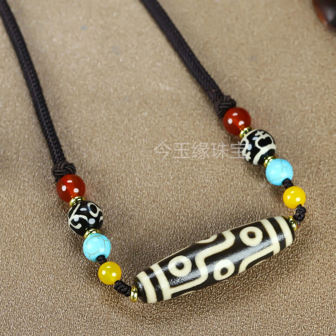 藏式天然玛瑙风化包浆九眼配贵人宝瓶珠项坠民族风新款简约锁骨链