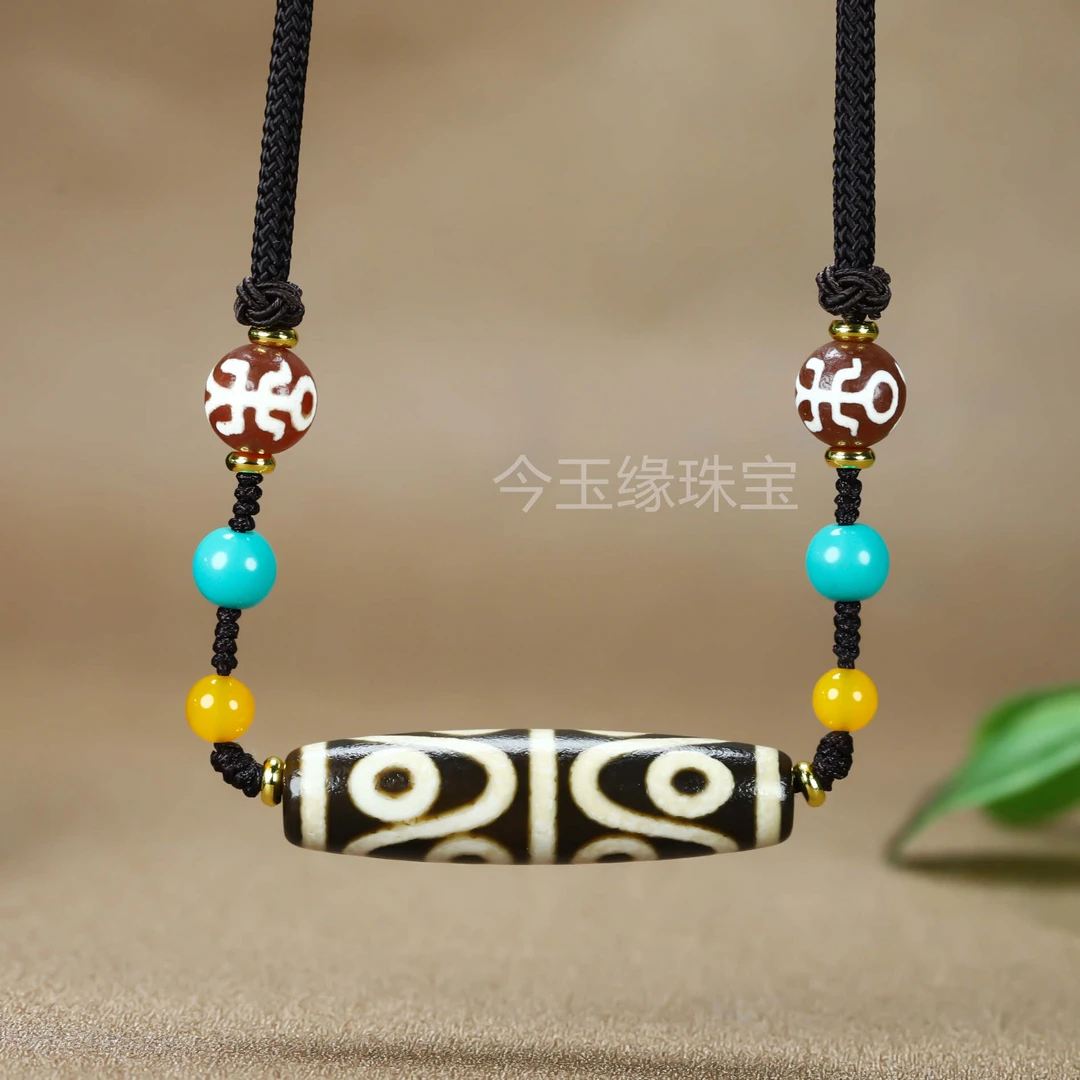 藏式天然玛瑙风化包浆八眼配贵人珠项坠挂件民族风设计男女锁骨链