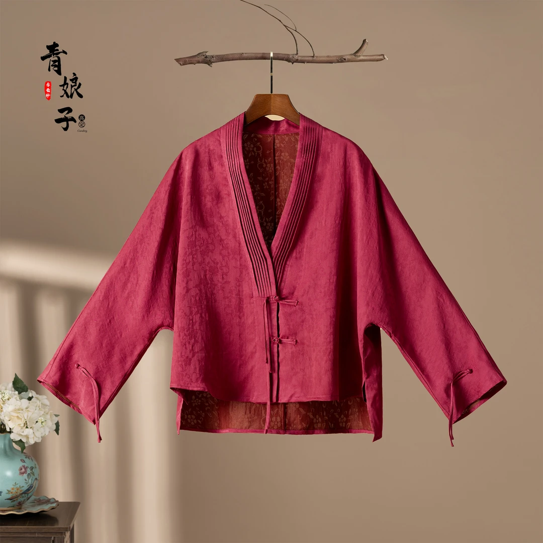 青娘子香云纱（沛玲）提花褶皱宽松短款女士百搭古风开衫上衣-50813