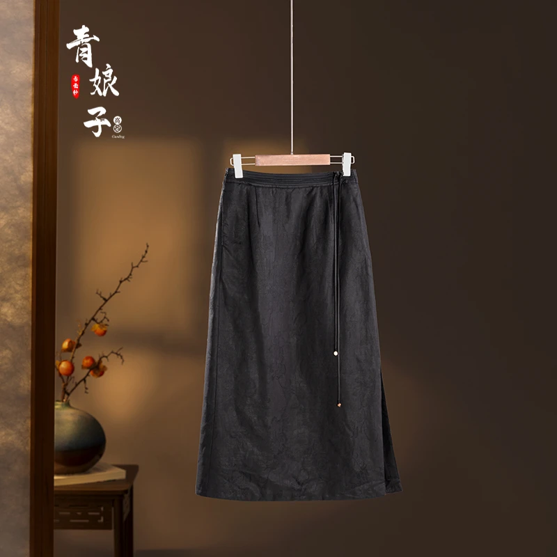 青娘子香云纱(黔芸)绢纺新中式复古秋冬休闲百搭包臀棉裙---51019
