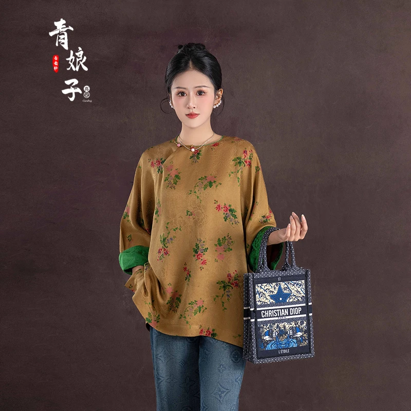 青娘子香云纱新中式复古宽松长袖提花印花日常春季拼接上衣50455