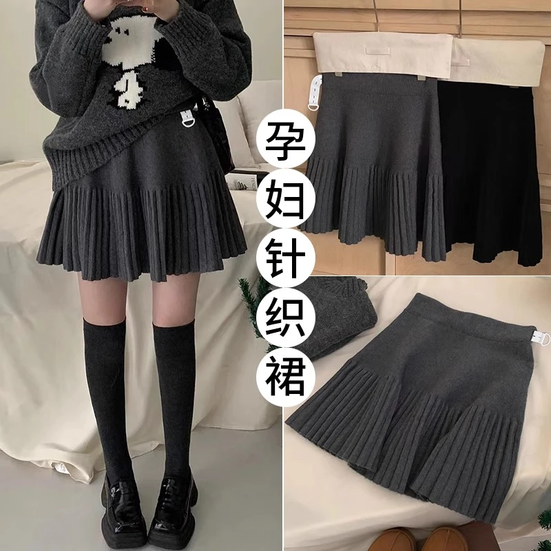 孕妇半身裙秋冬季高腰针织短裙休闲显瘦百褶裙子春秋装简约A字裙