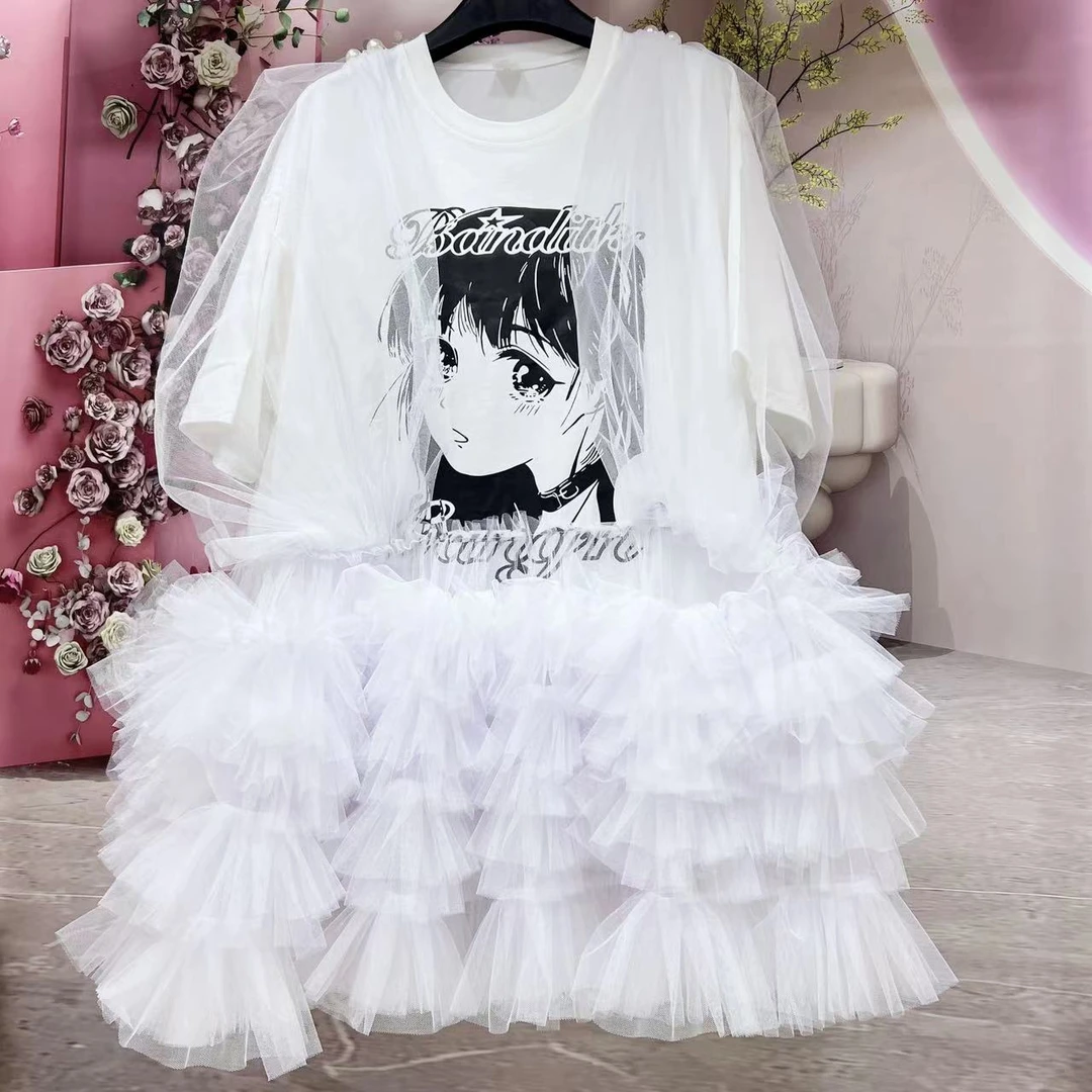 16087【熙妮定制】泰潮设计师款潮流女孩印花白色大T拼纱裙宽松白色