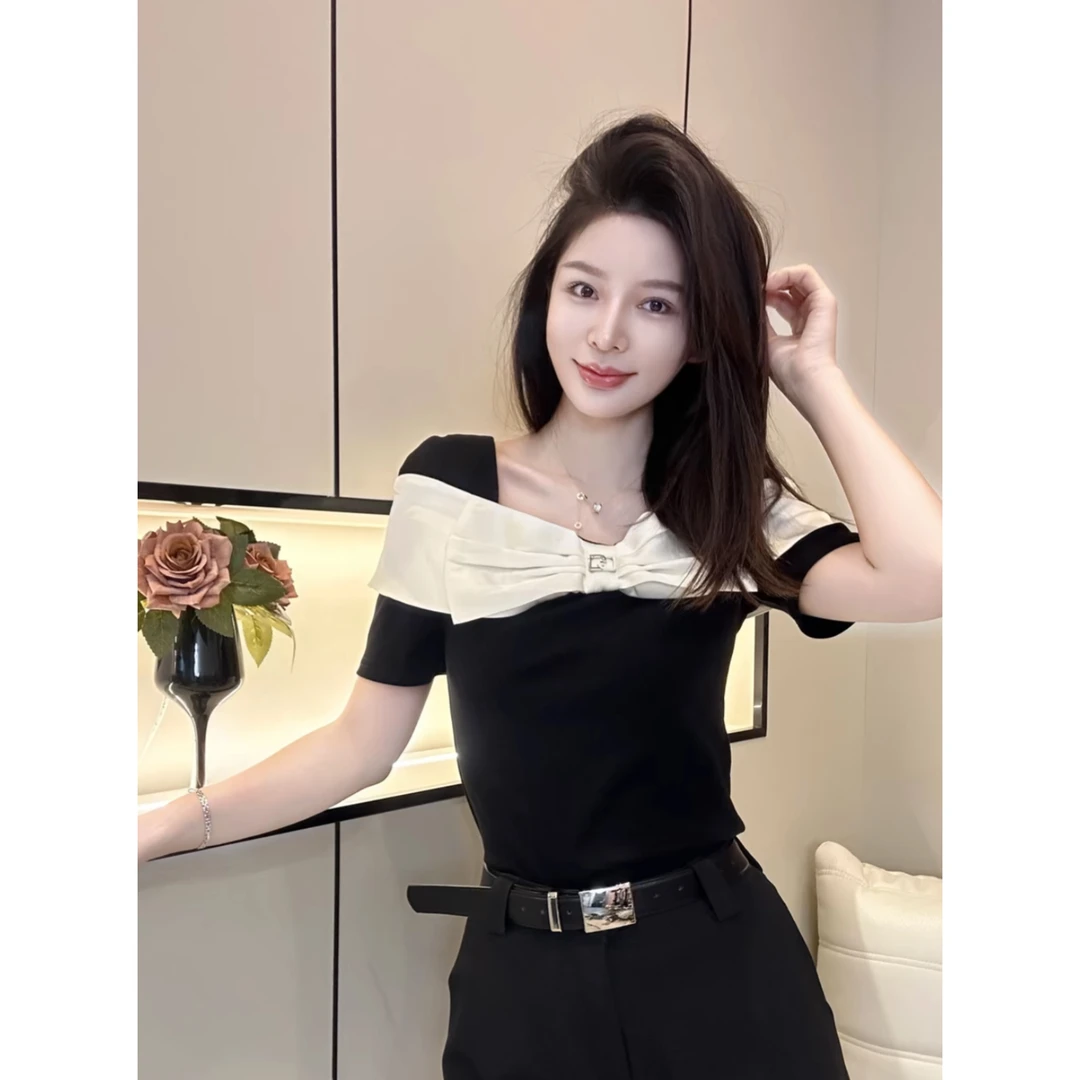 夏季撞色法式小众方领显瘦气质修身设计感洋气百搭蝴蝶结时尚t恤