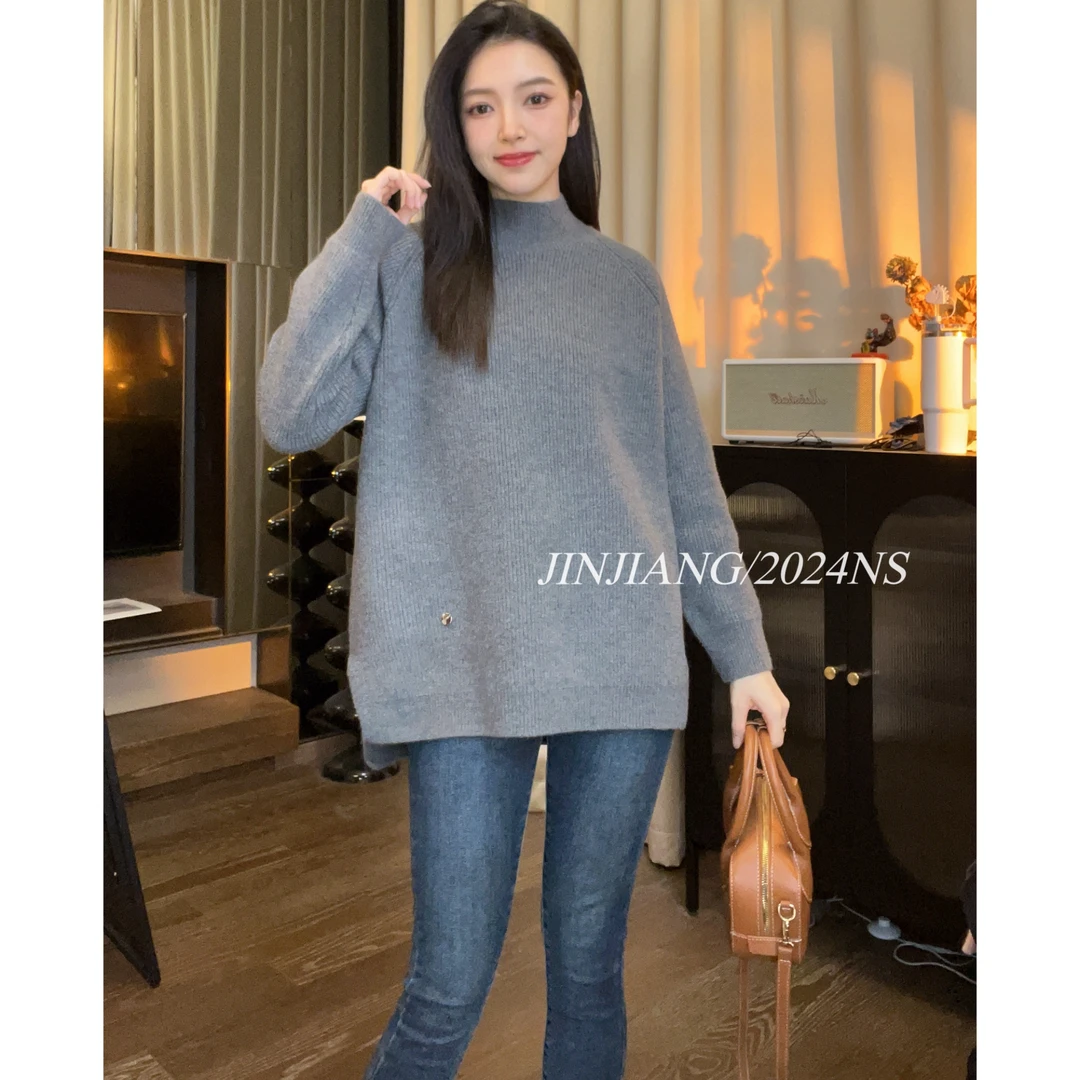 纯色开叉【47%绵羊毛】秋冬半高领宽松侧开叉前短后长中长款毛衣
