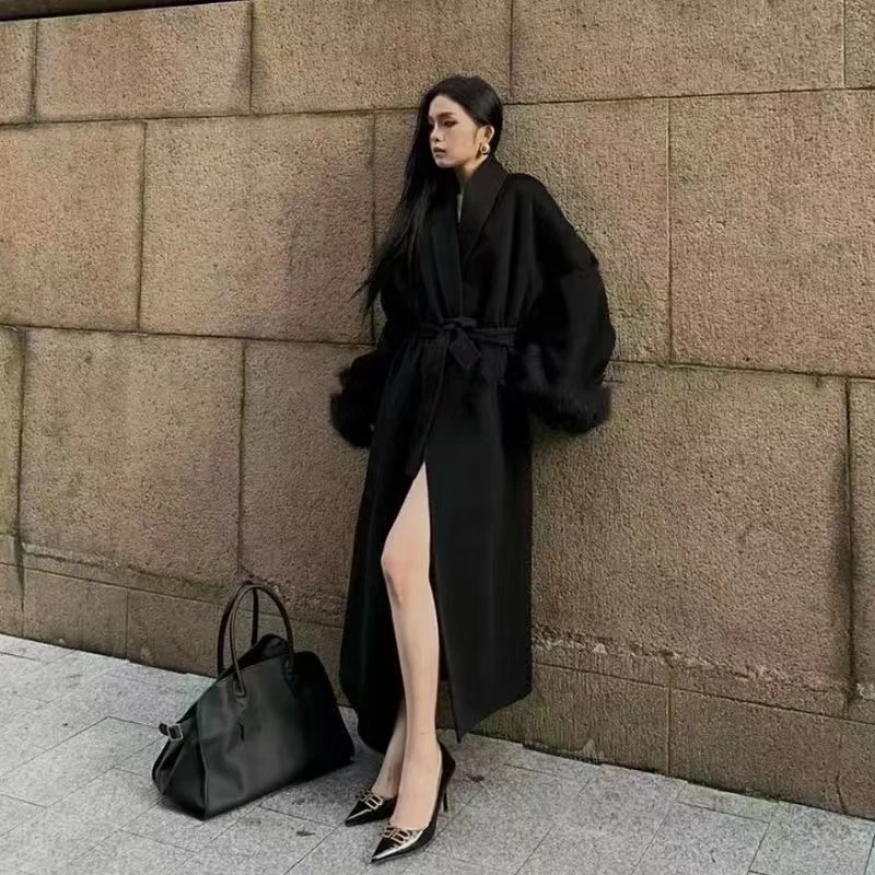 米欧家大码女装毛呢外套高级感毛毛袖设计长款大衣时尚