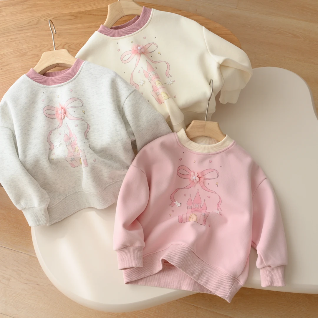 儿童蝴蝶结卫衣 A类面料 女童拼色圆领套头衫中童上衣 87392