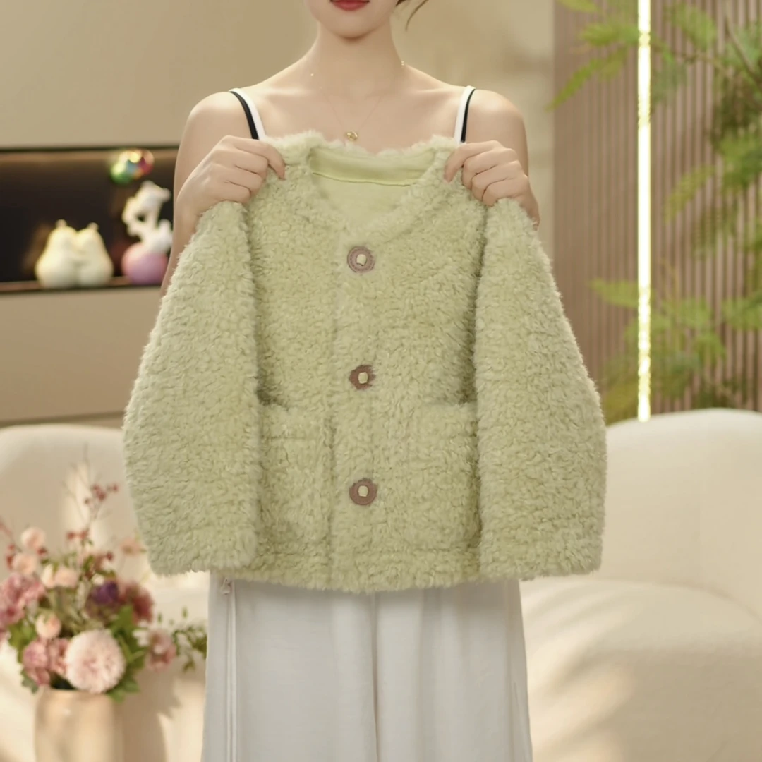 boboe/波波鹅2024秋冬装女童加绒韩版简约纯色毛绒外套--Y3719