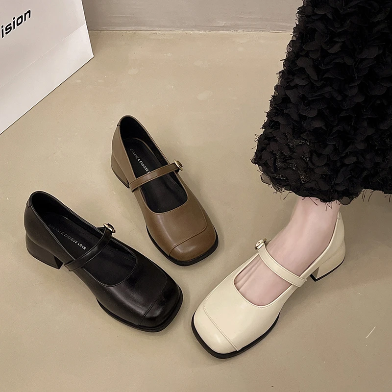 啄木鸟法式单鞋女2025秋季新款粗跟方头配裙高跟鞋一字带玛丽珍鞋