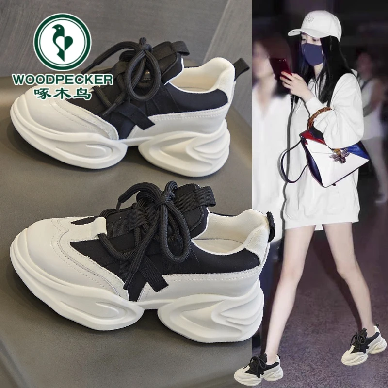 啄木鸟内增高老爹鞋女2025年小个子厚底百搭女鞋子松糕休闲运动鞋
