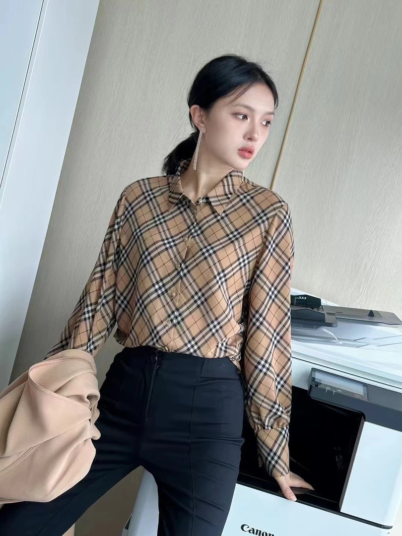 玛丝恩迪上衣衬衣长袖衬衫时尚  正码正拍网红气质百搭拼接千鸟格
