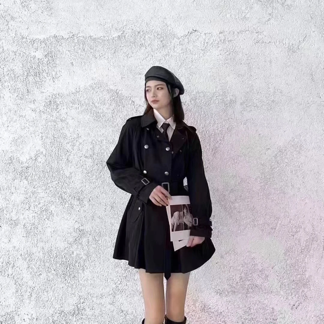 玛丝恩迪休闲减龄宽松中长款外套设计师英伦时尚黑色翻领网红秋季