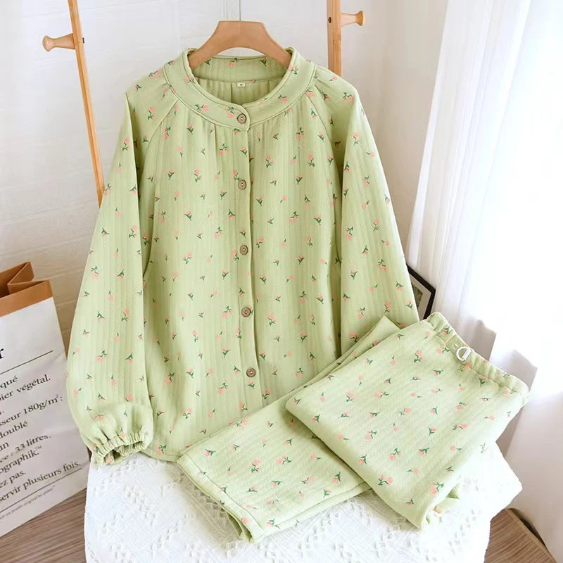 孕妇空气棉哺乳睡衣月子服秋冬季加厚家居服套装绿叶