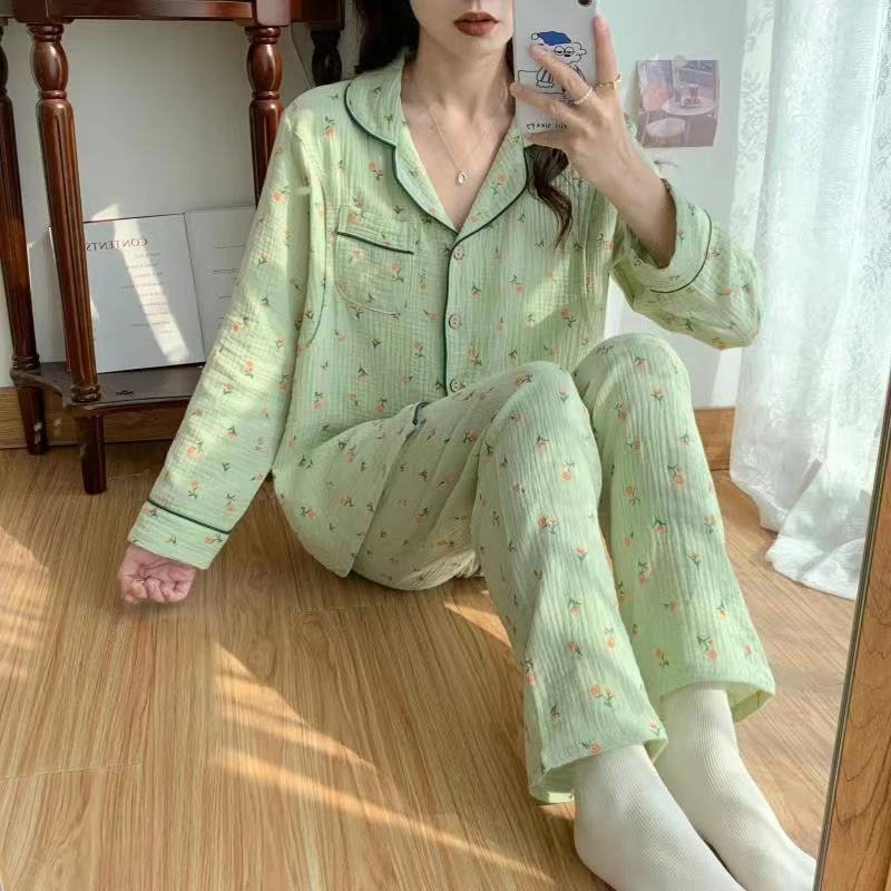 泡泡棉纱孕妇哺乳睡衣产前后纯棉月子服家居服绿色小花