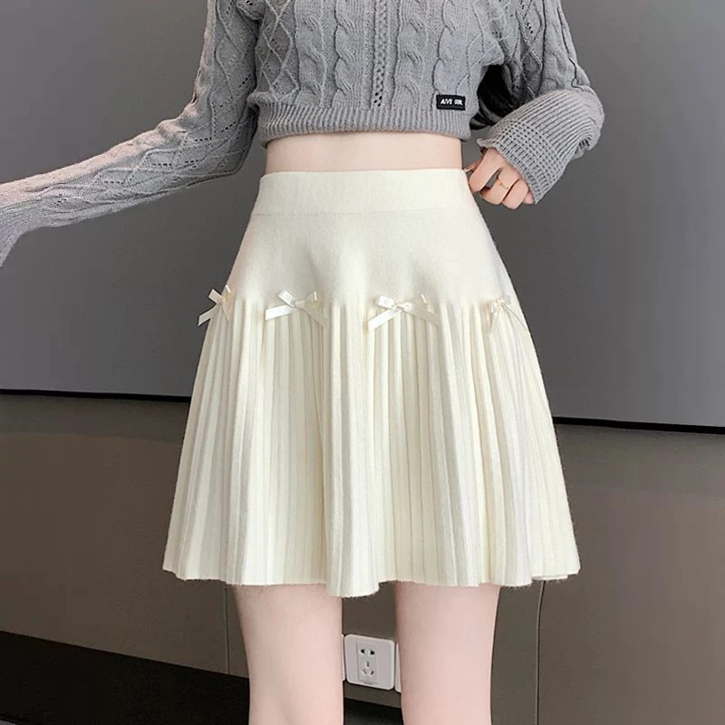 蝴蝶结针织半身裙女秋冬新款高腰显瘦百褶裙松紧腰小个子a字短裙