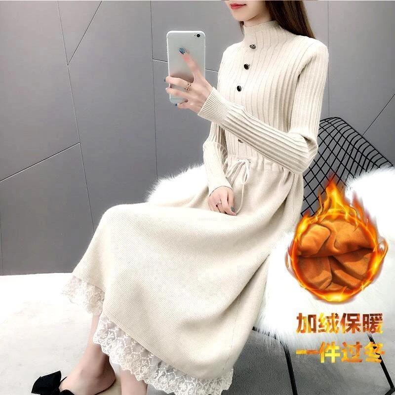 吊带高档长裙加绒加厚中长款针织连衣裙女秋冬2023蕾丝高腰半身裙
