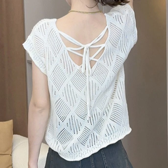 设计感镂空短袖t恤女2024夏季新款时尚露背薄款洋气针织衫上衣女