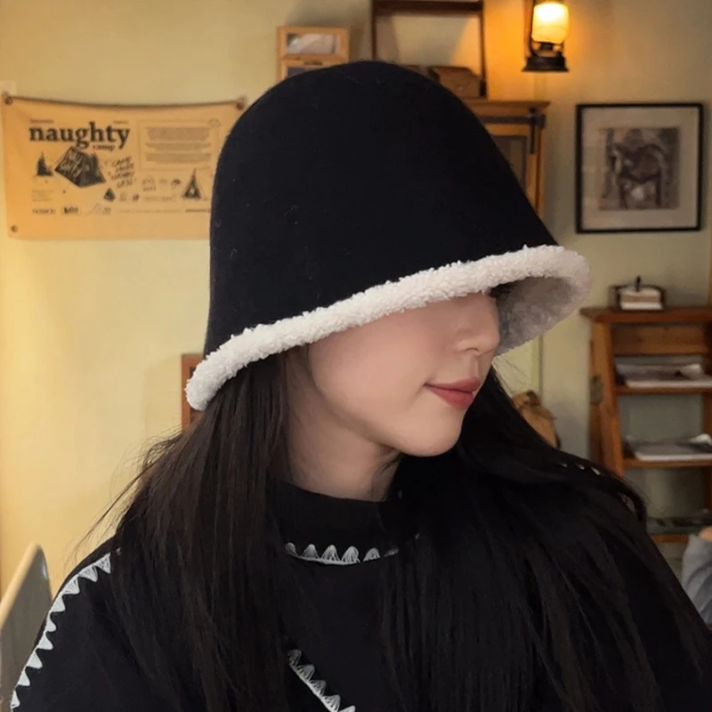 【小头小脸专属】羊毛渔夫帽子女秋冬季黑色百搭加绒保暖水桶帽盆帽