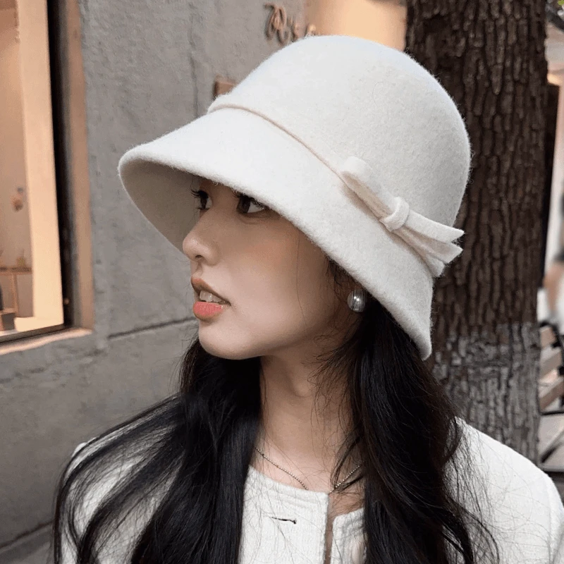 赫本风羊毛呢渔夫帽女款秋冬季法式复古秋冬礼帽盆帽千金白色帽子